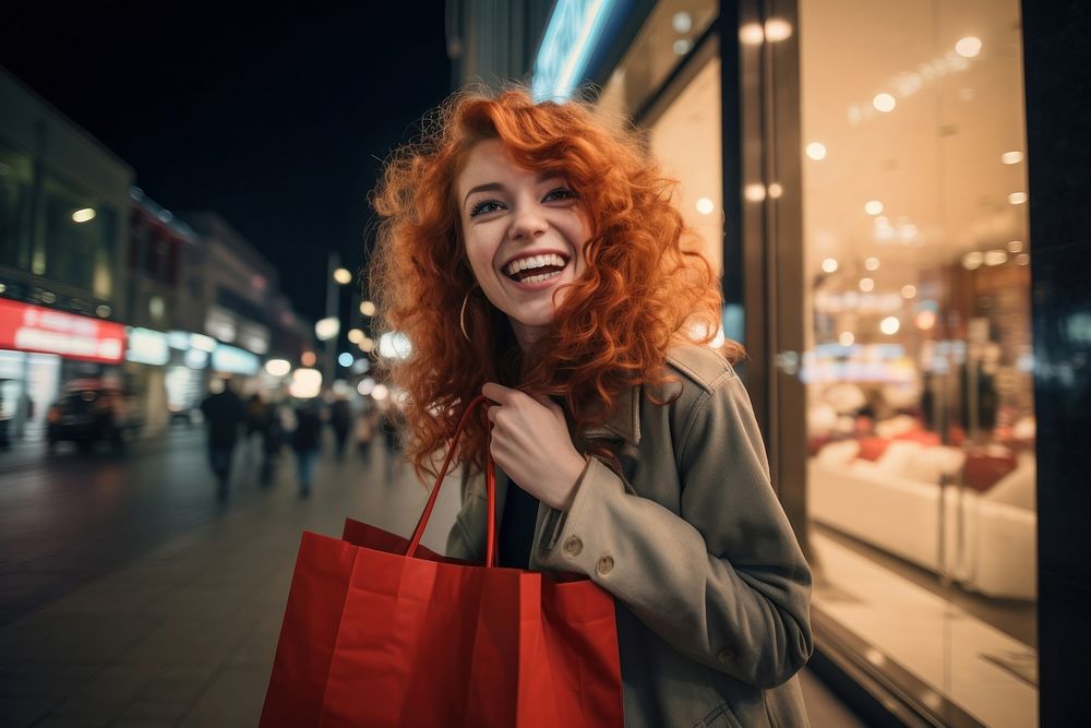 Woman shopping bag laughing holding. 