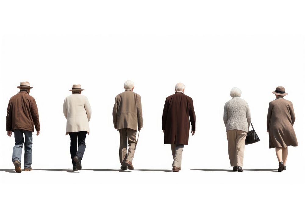 Five old people walking adult back white background. AI generated Image by rawpixel.