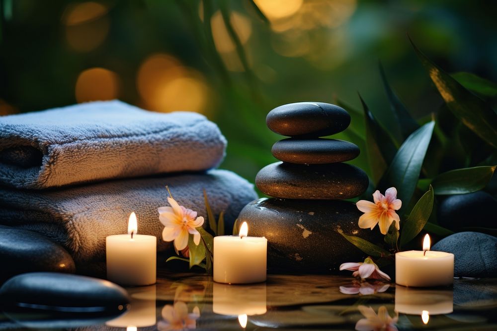 Massage Stones With Towels And Candles candle stone spirituality. AI generated Image by rawpixel.