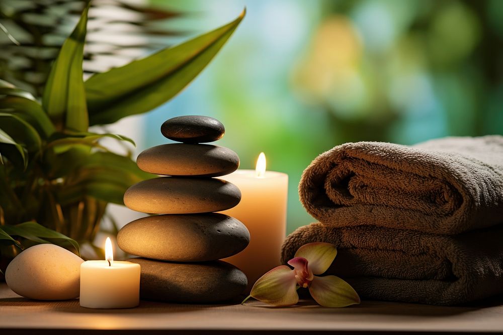 Massage Stones With Towels And Candles candle towel spirituality. AI generated Image by rawpixel.