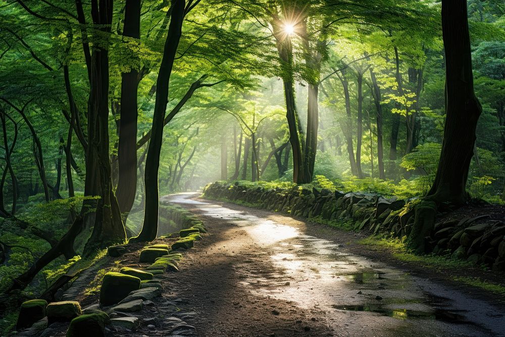 Green leafed tree sunlight outdoors woodland. AI generated Image by rawpixel.