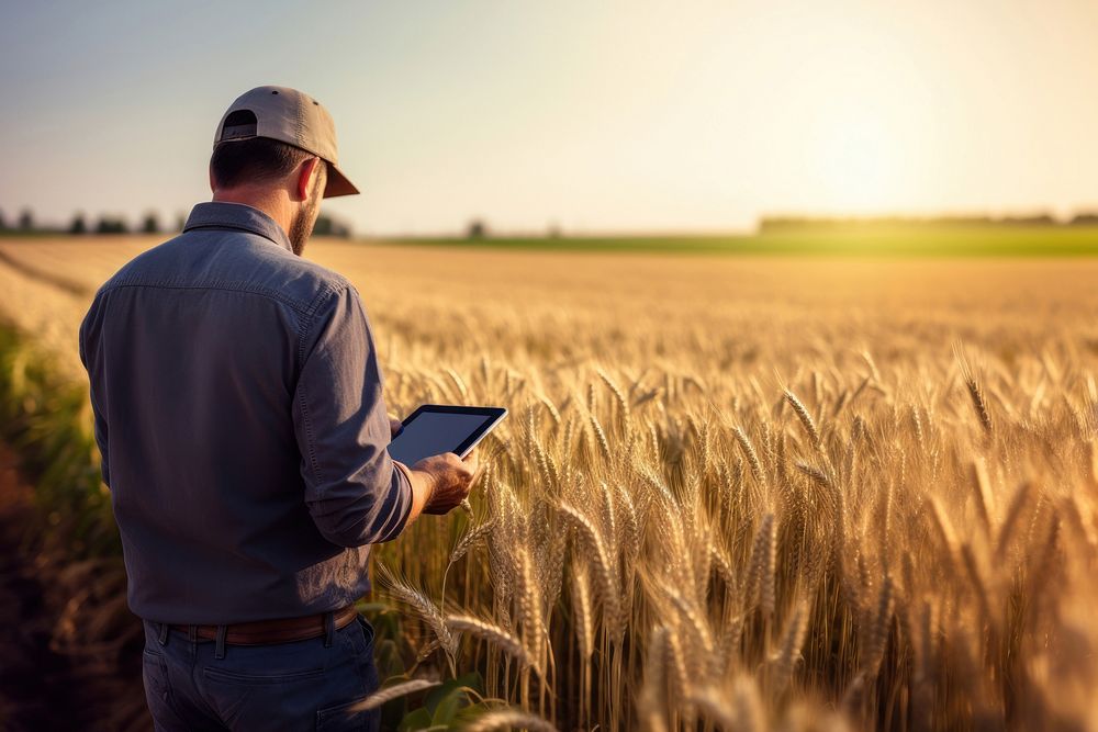 photograph of a man farmer with tablet working in wheat field.  