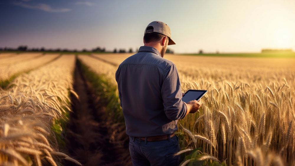 photograph of a man farmer with tablet working in wheat field.  