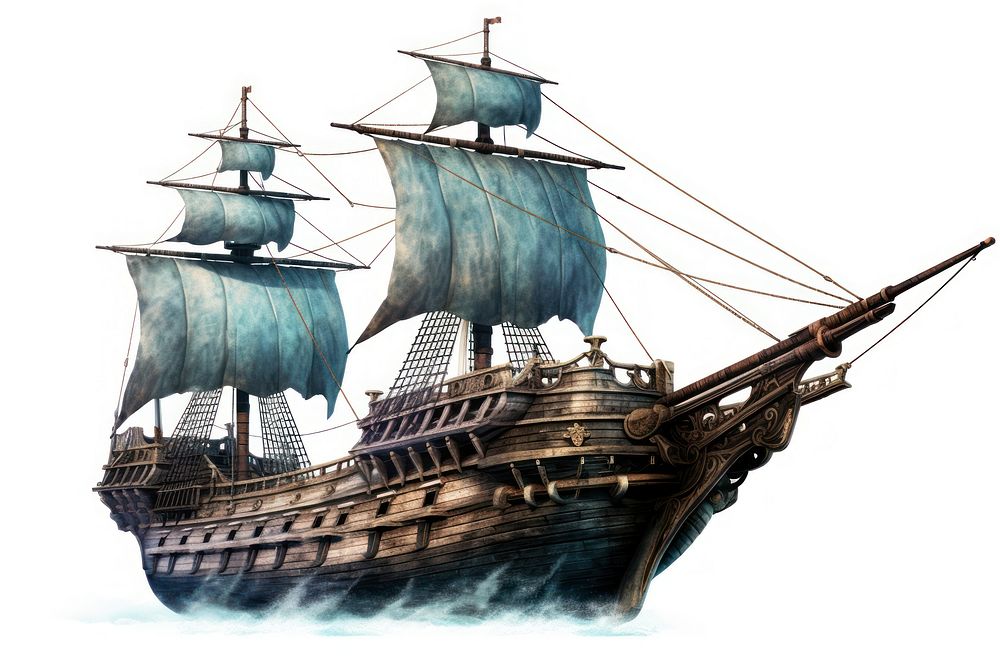 A magical flying pirate ship sailboat vehicle white background. 