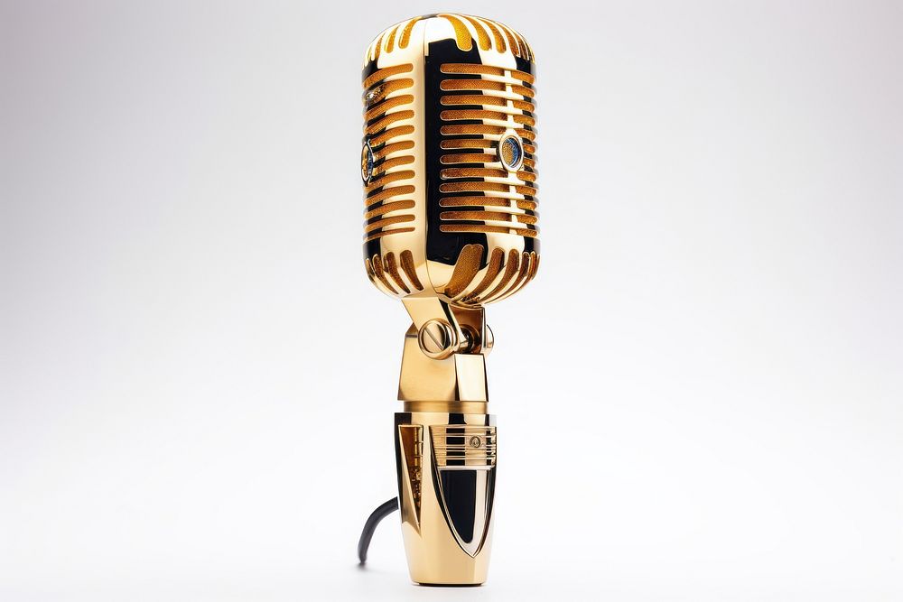 Modern microphone metal gold white background. AI generated Image by rawpixel.