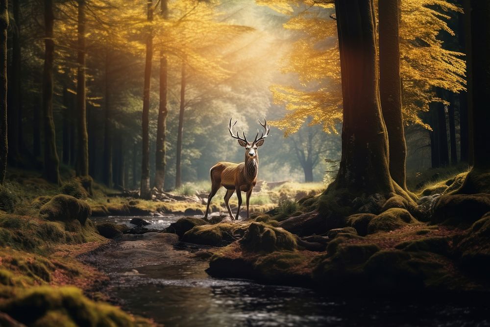 Deer woodland nature landscape. AI generated Image by rawpixel.