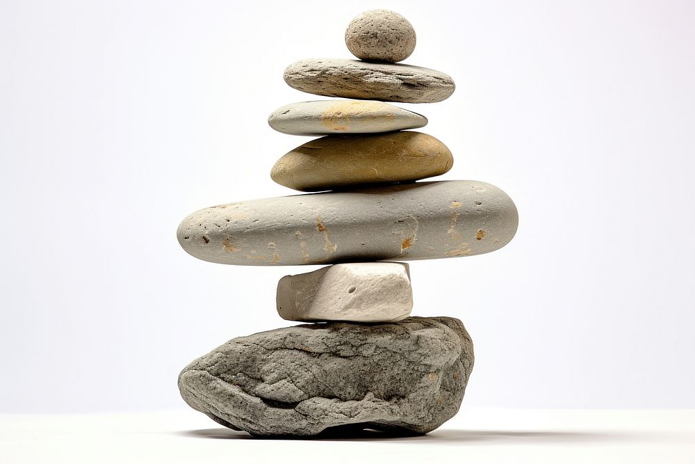 Rock balancing pebble white background zen-like. AI generated Image by rawpixel.