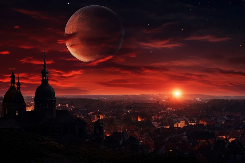 Red moon sky architecture landscape. AI generated Image by rawpixel.