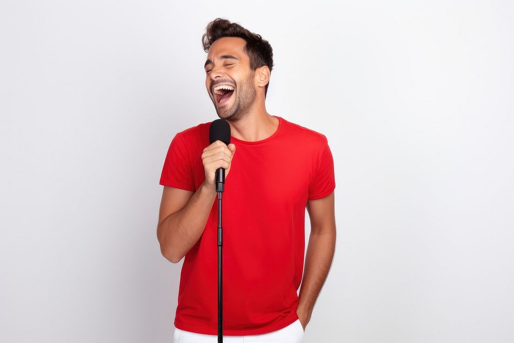 Singing microphone laughing holding. AI generated Image by rawpixel.