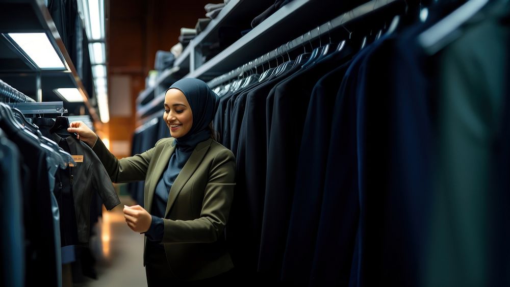 Photo of a muslim women wearing badge holder checking a new clothes in a hanger shelf. AI generated Image by rawpixel. 