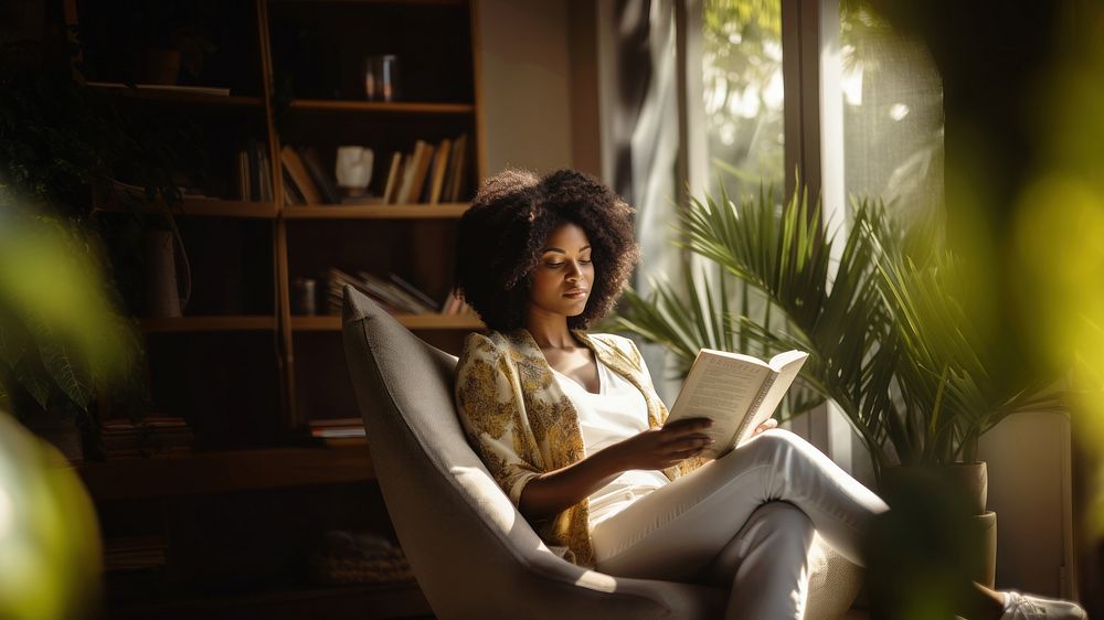 Photo of an african women wearing casual clothes reading book on an armchair, modern livingroom. AI generated Image by…