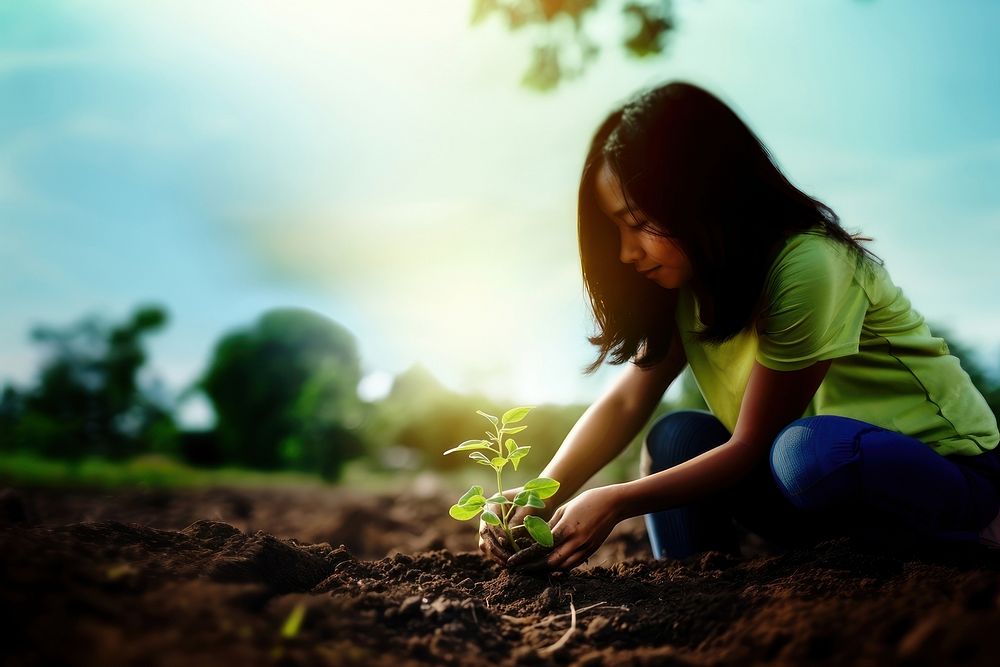 Photorealistic of diverse teenager planting a garden.  