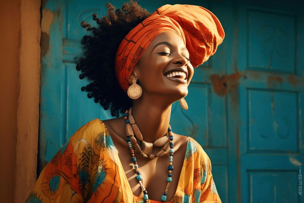African dress laughing necklace portrait. AI generated Image by rawpixel.