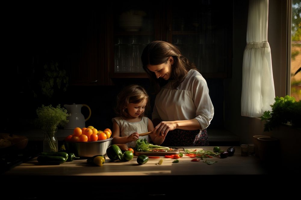 Kitchen cooking adult child. 