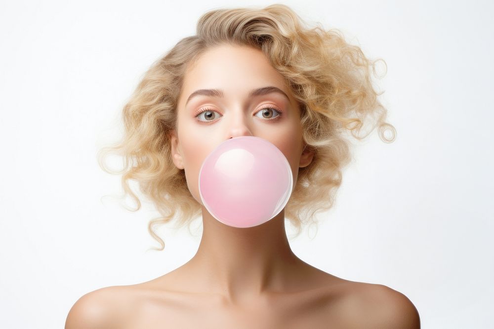 Woman blowing chewing gum bubble photo. AI generated image by rawpixel.
