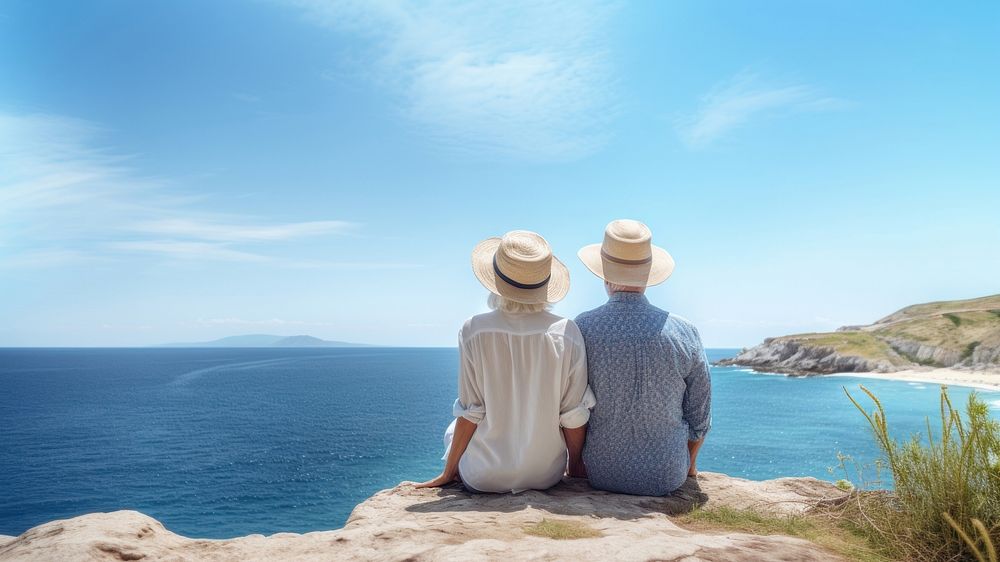 Traveler senior couple look at the sea. AI generated Image by rawpixel. 