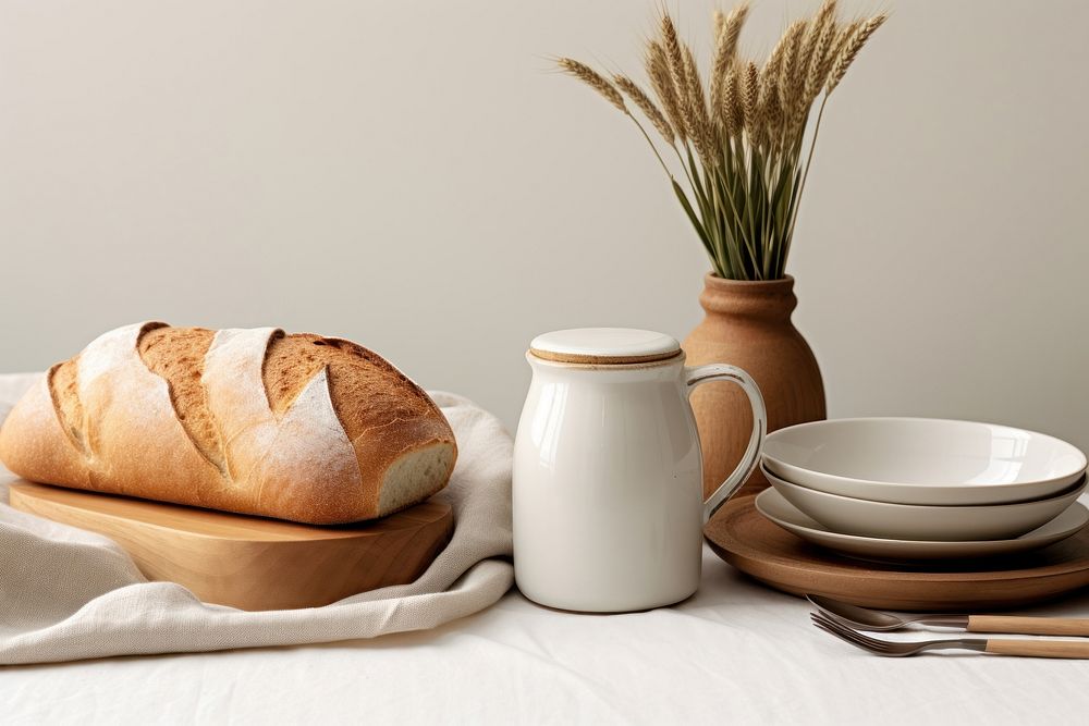 White ceramic jar bread napkin table. AI generated Image by rawpixel.