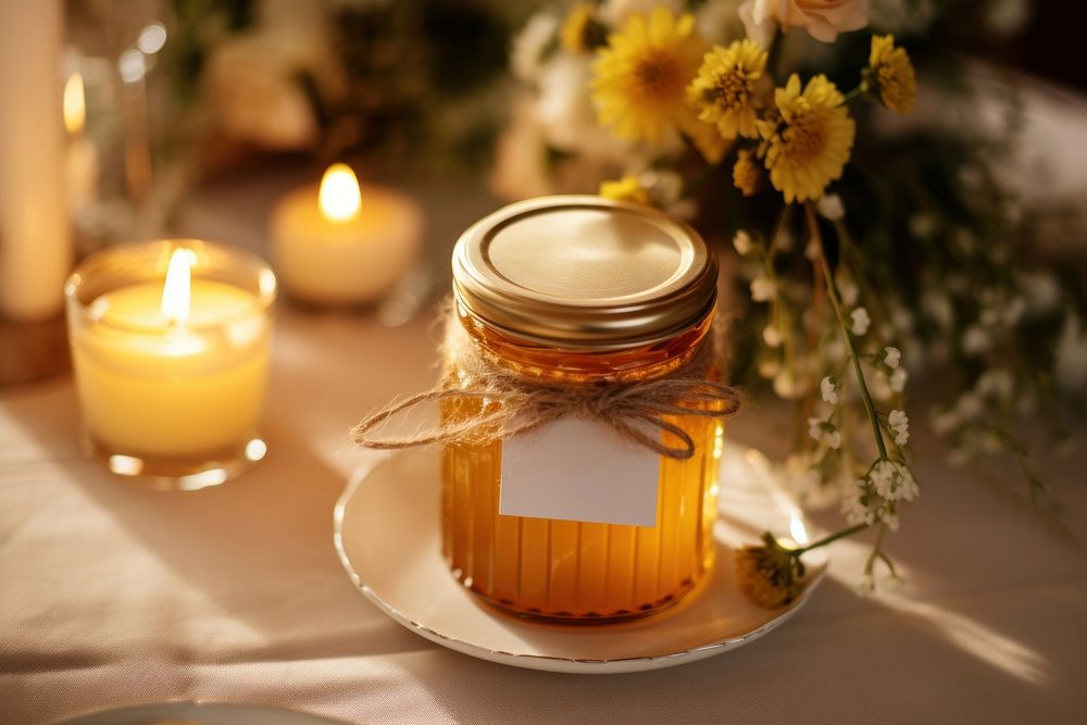 Honey jar candle table centrepiece. AI generated Image by rawpixel.