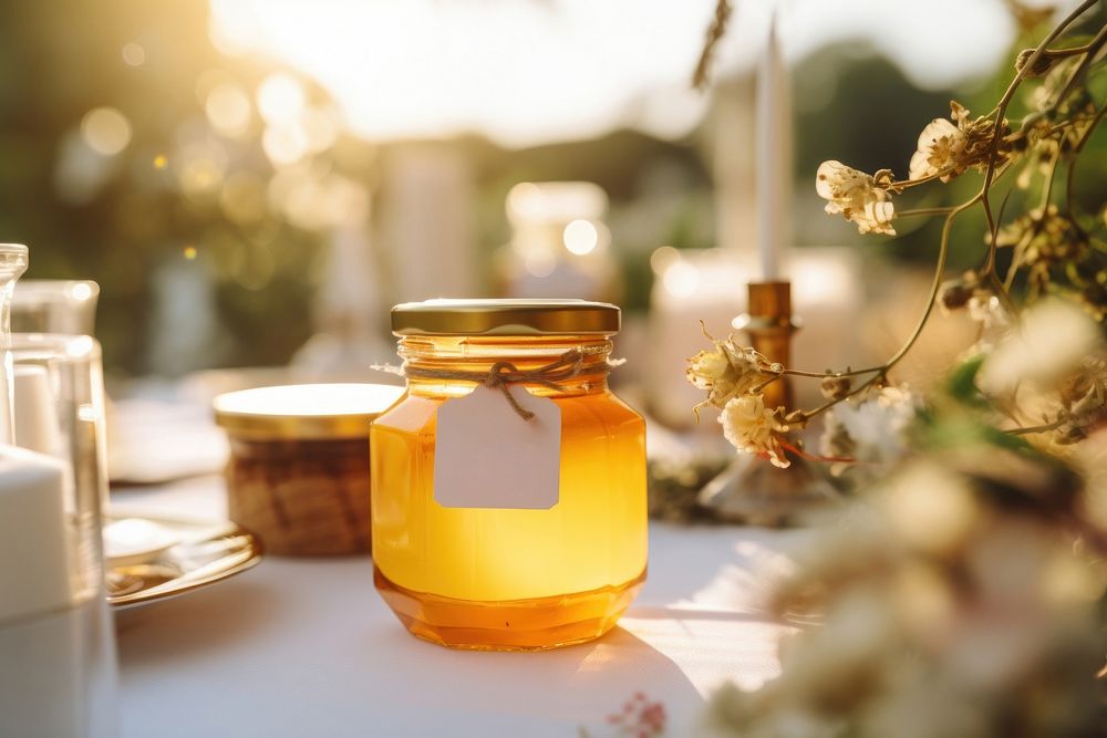 Honey jar nature table container. AI generated Image by rawpixel.