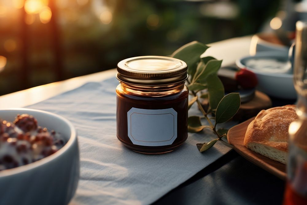 Jam jar table bread food. 