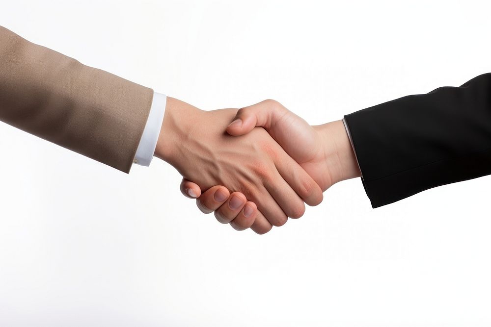 A business handshake white background agreement greeting. 