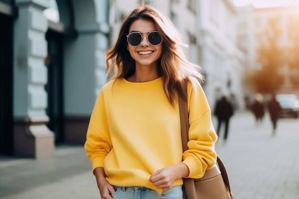 Woman sunglasses smiling yellow. AI generated Image by rawpixel.