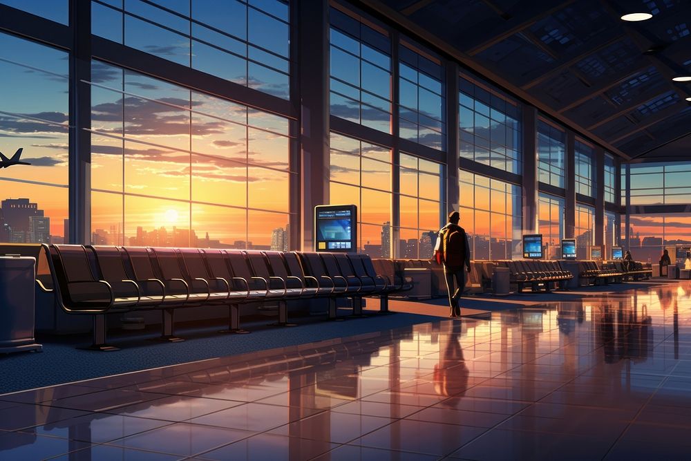 Airport architecture building illuminated. 