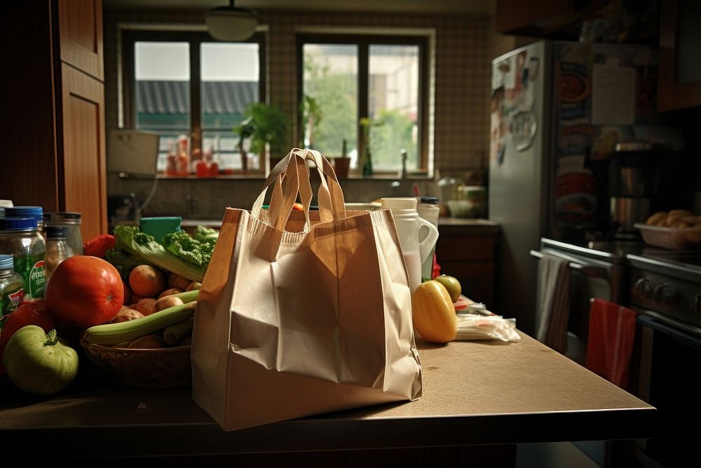 Grocery bag table bread food. 