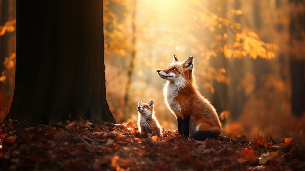 full body a mother fox stands with kid gather around Beside her. AI generated Image by rawpixel. 