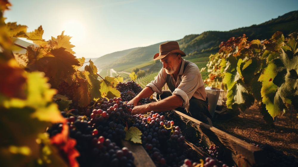 Harvesting Grapes with young Italian Farmer.  