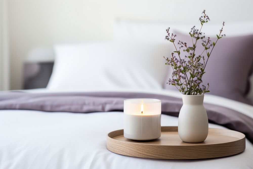 Scented candle table furniture bedroom. 