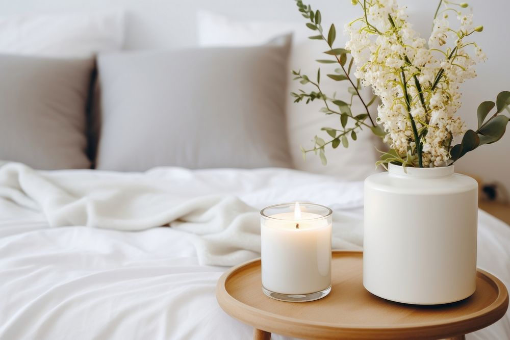 Scented candle furniture cushion bedroom. AI generated Image by rawpixel.