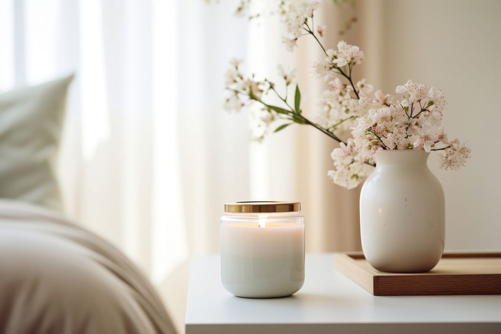 Scented candle vase windowsill bedroom. 