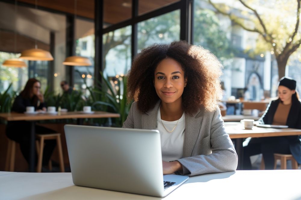 Black business woman laptop computer adult. 