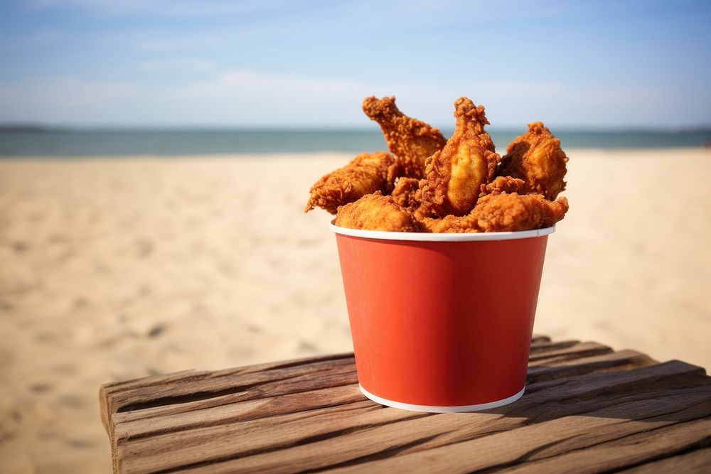 Bucket of fried chicken, outdoor beach. AI generated image by rawpixel.