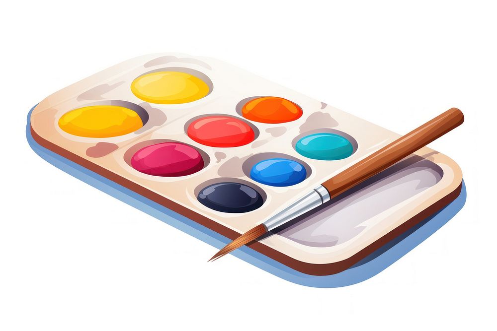 Paint tray palette brush white background.