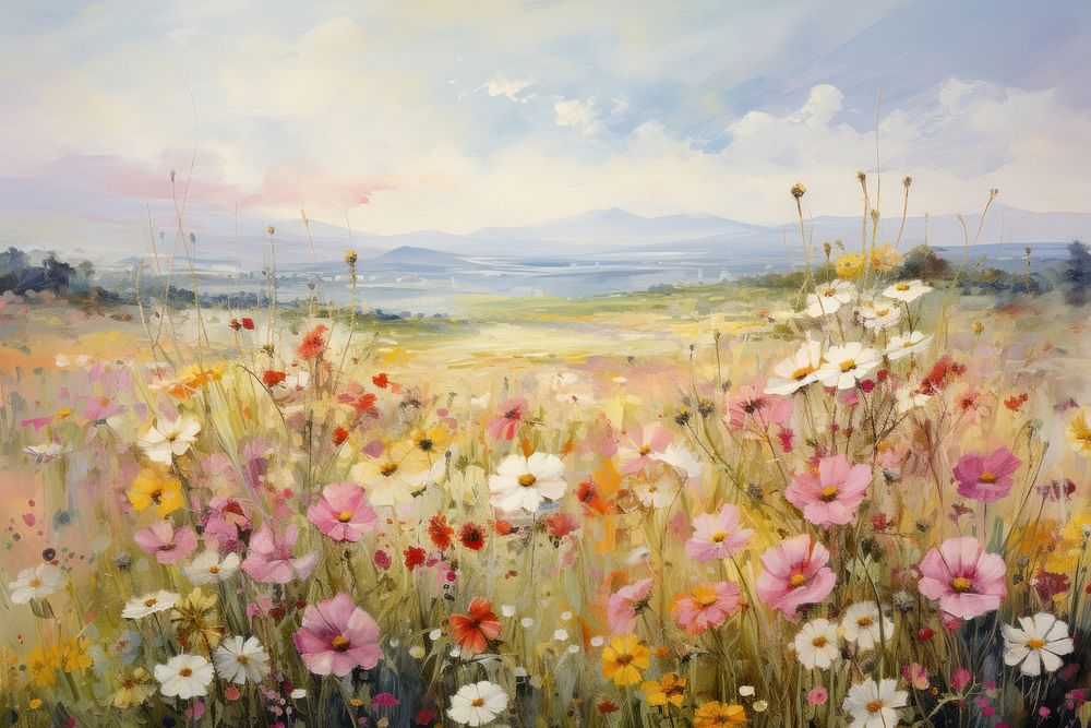 Painting flower field grassland. 
