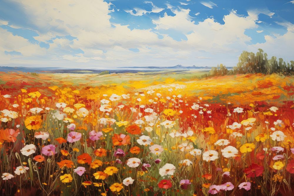 Painting flower field landscape. 