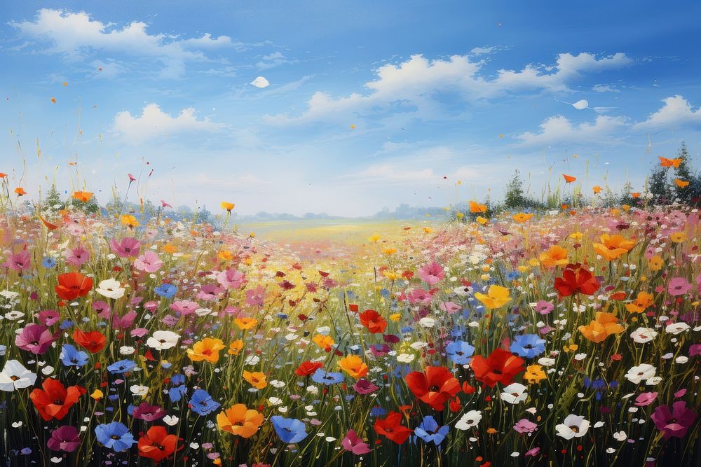 Painting flower field landscape. 