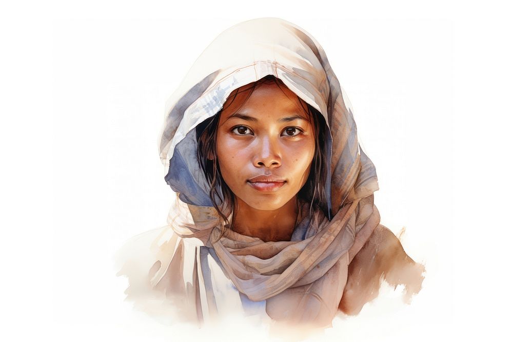 Ordinary southeast asian woman watercolor portrait scarf photo. AI generated Image by rawpixel.