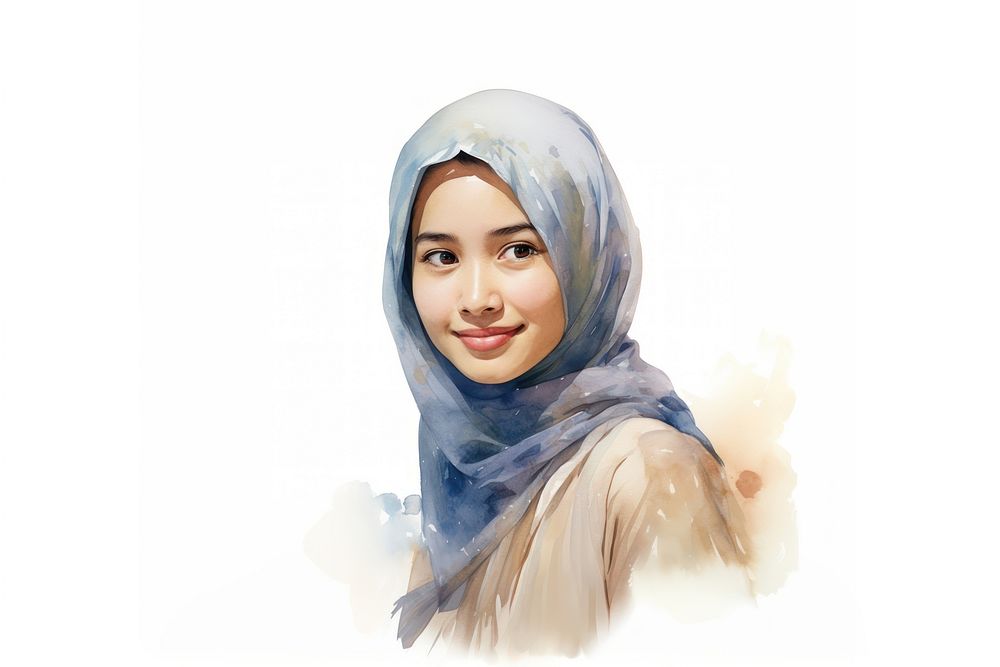 Ordinary southeast asian woman watercolor portrait scarf smile. AI generated Image by rawpixel.