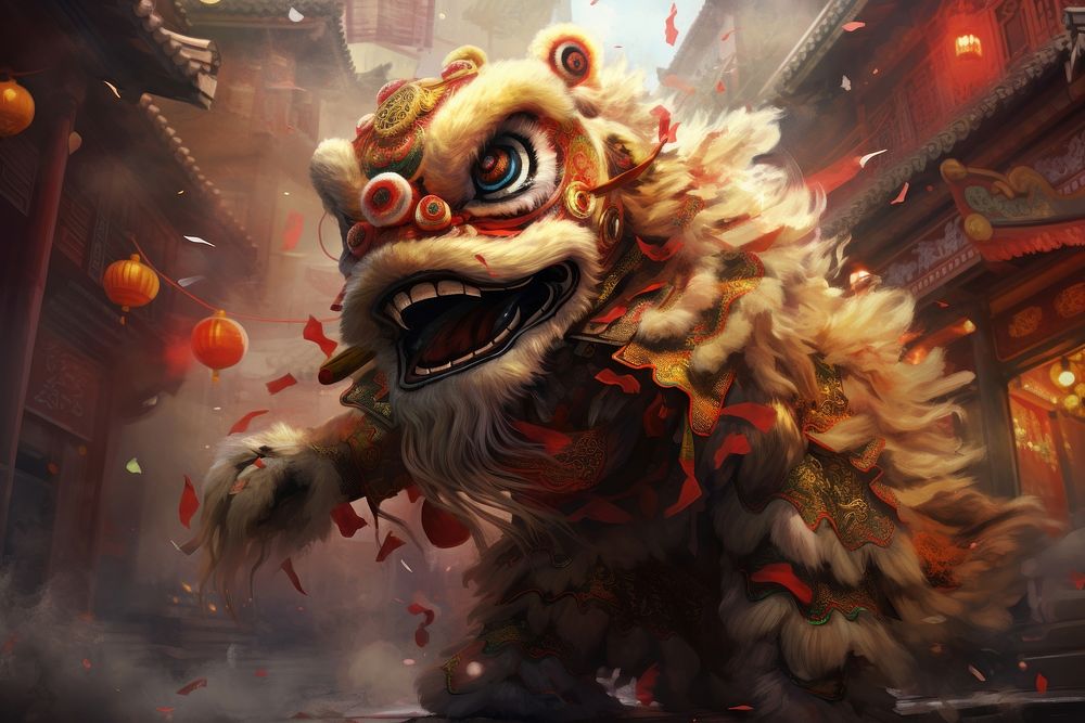 Lion dance representation architecture celebration. AI generated Image by rawpixel.