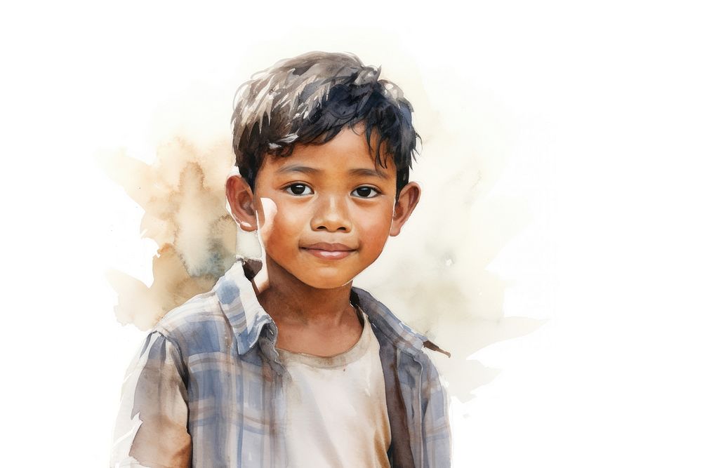 Southeast asian boy watercolor portrait child photo. AI generated Image by rawpixel.