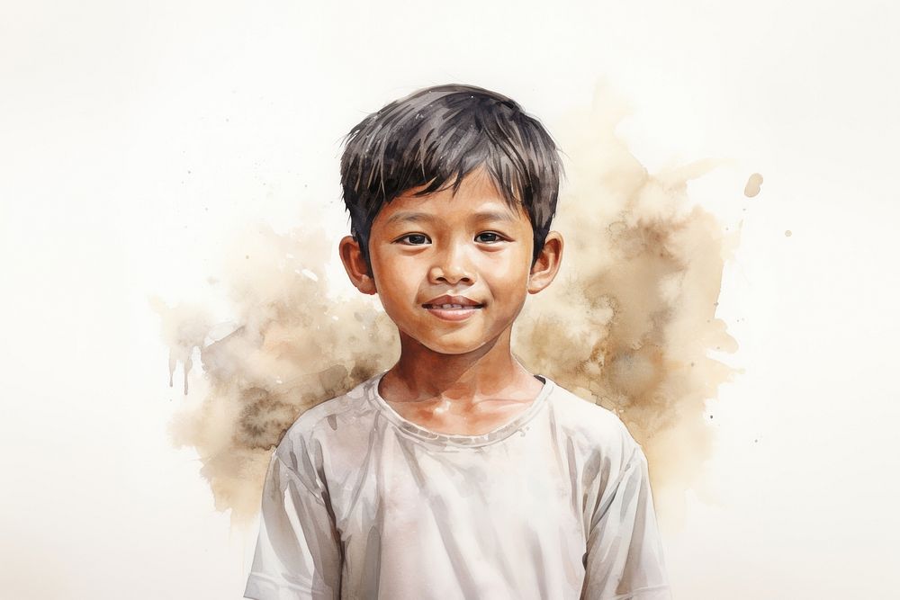 Southeast asian boy watercolor portrait child photography. AI generated Image by rawpixel.