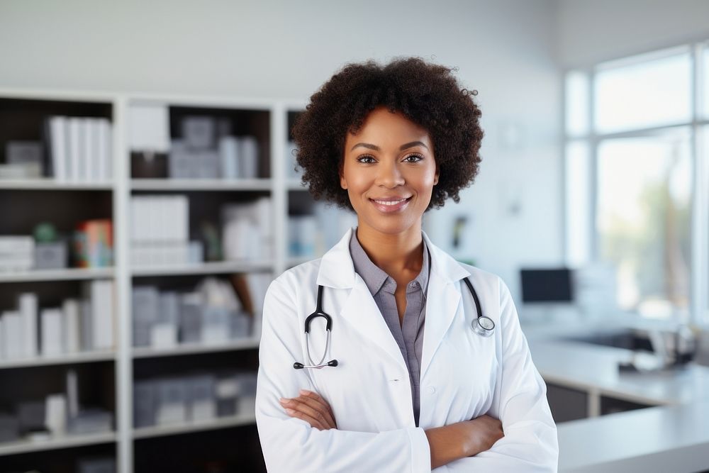 Female African American doctor standing portrait adult. AI generated Image by rawpixel.