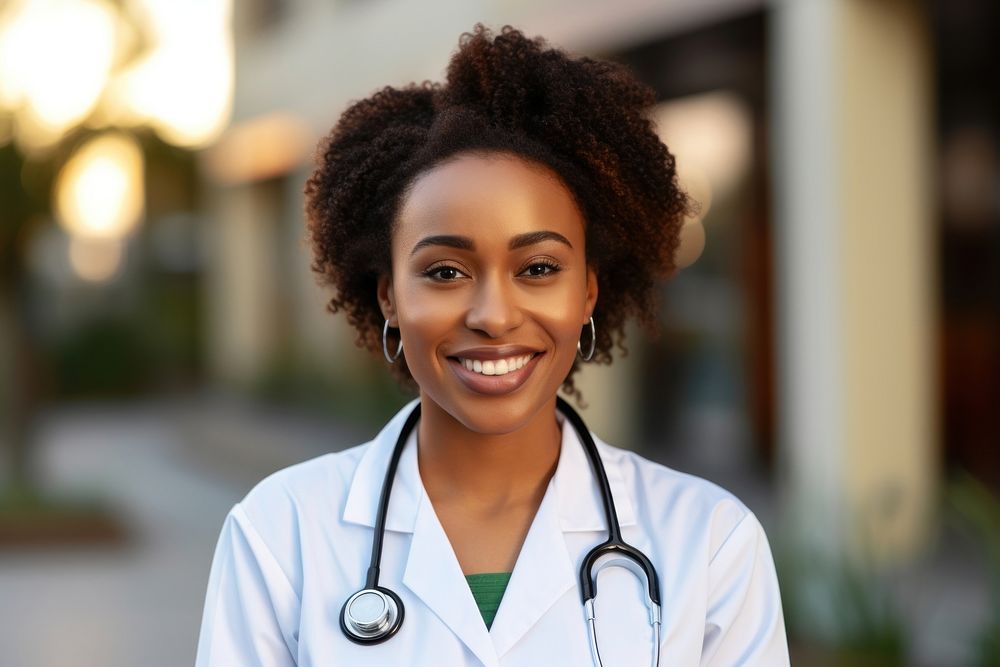 Female African American doctor stethoscope portrait smiling. 