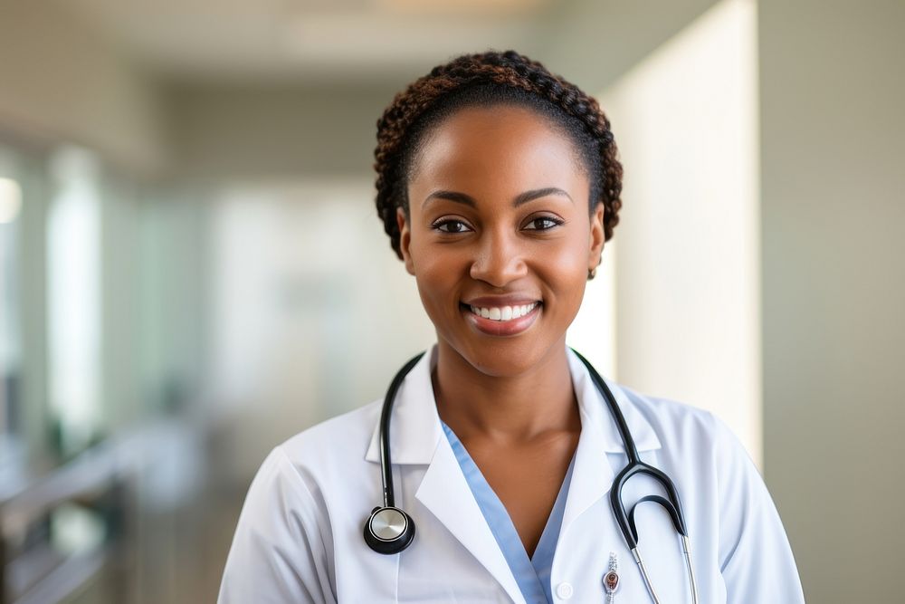 Female African American doctor stethoscope portrait smiling. 