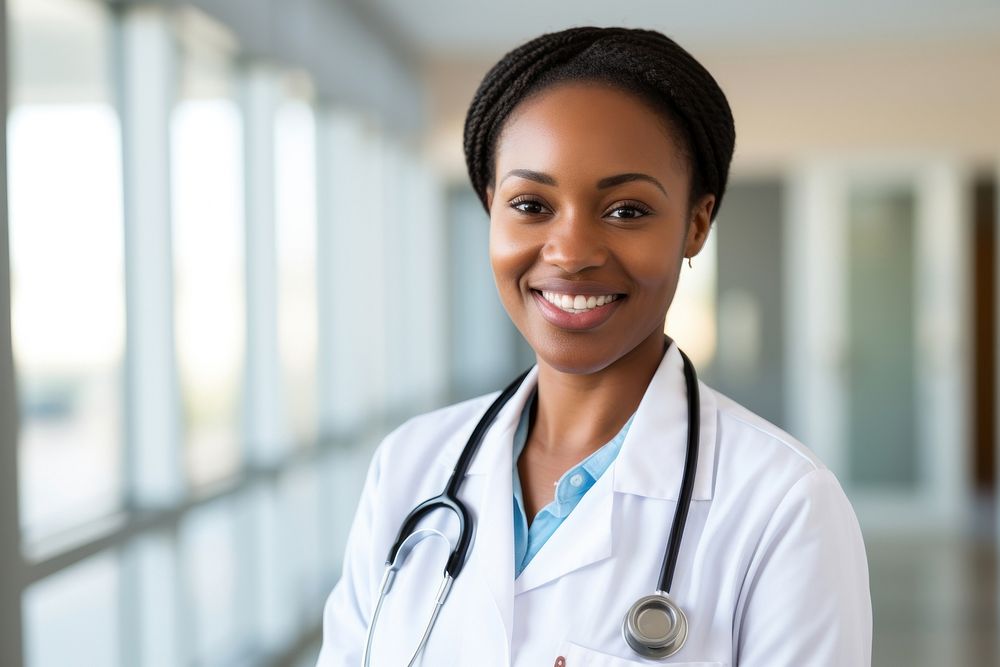 Female African American doctor stethoscope portrait smiling. 