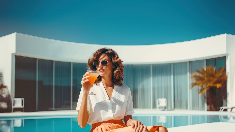 photo of a women with summer outfits sitting next to the luxury modern pool.  