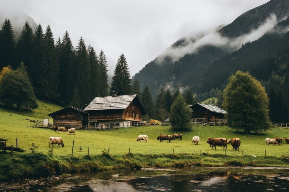 Farm architecture landscape grassland. AI generated Image by rawpixel.